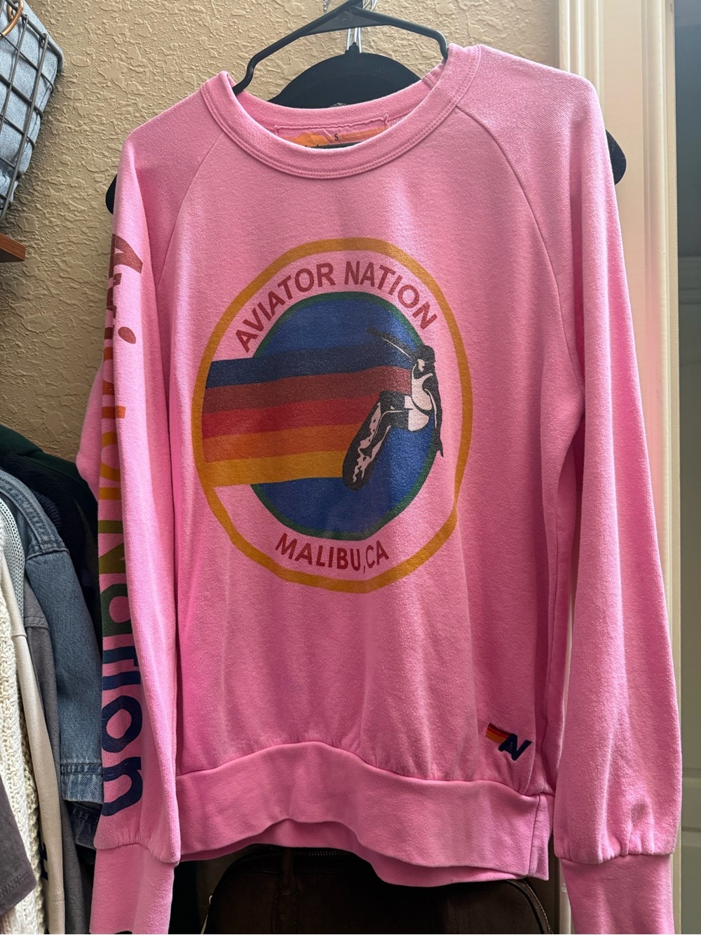 Aviator Nation Pink Crewneck Sweater with Retro Graphic.